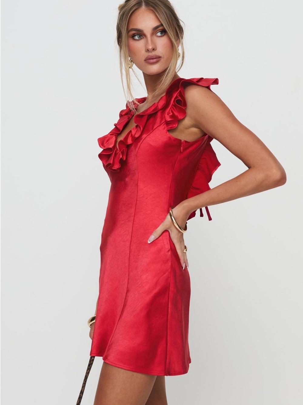NEW Princess Polly Butacup Frill Back Tie Satin Mini Dress in Red Womenβs Size 8 - Picture 2 of 13